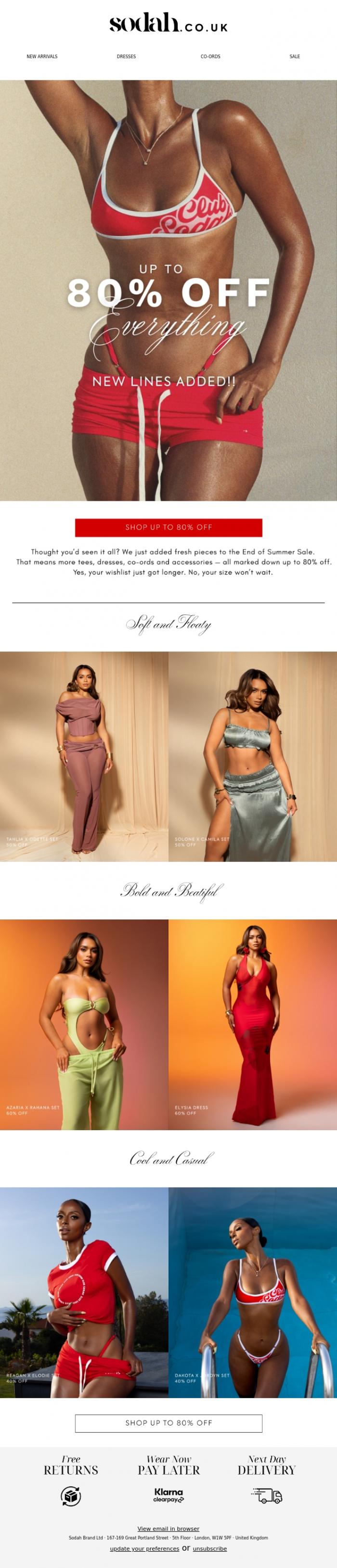 Email Design Inspiration from Sodah Brand, New drops, same up to 80% Off