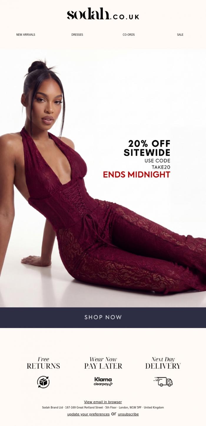 Email Design Inspiration from Sodah Brand, Hurry!! 20% Off Ends Midnight!