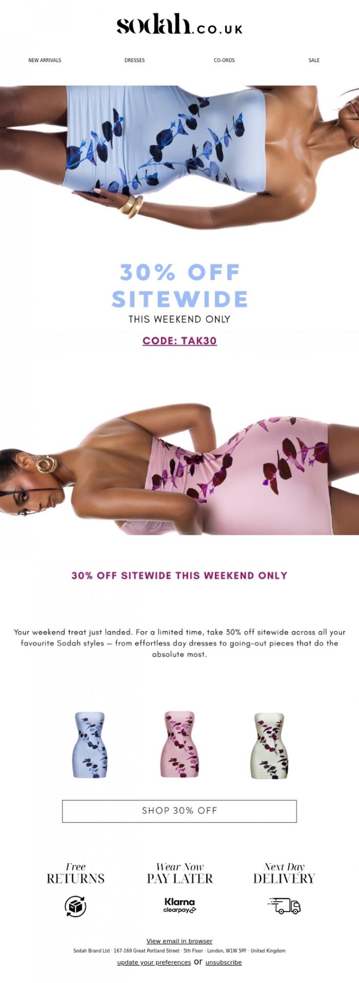 Email Design Inspiration from Sodah Brand, 30% Off? Say less.