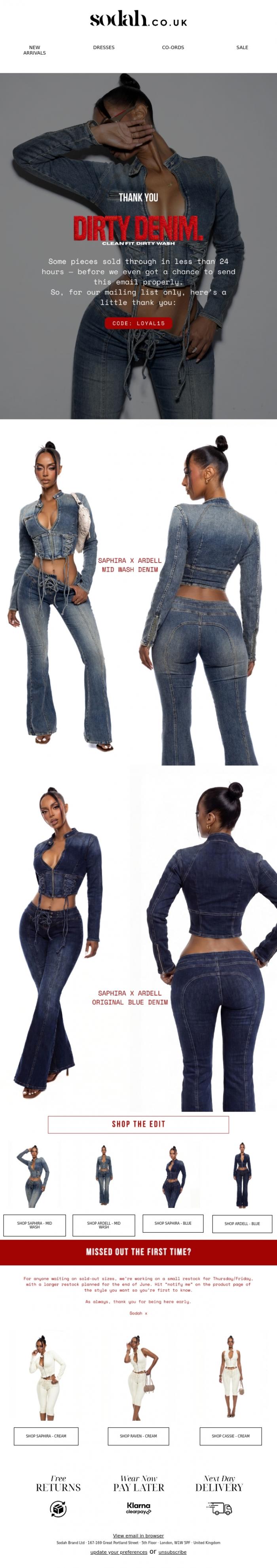 Email Design Inspiration from Sodah Brand, Dirty Denim: A 15% Off Thank You!!
