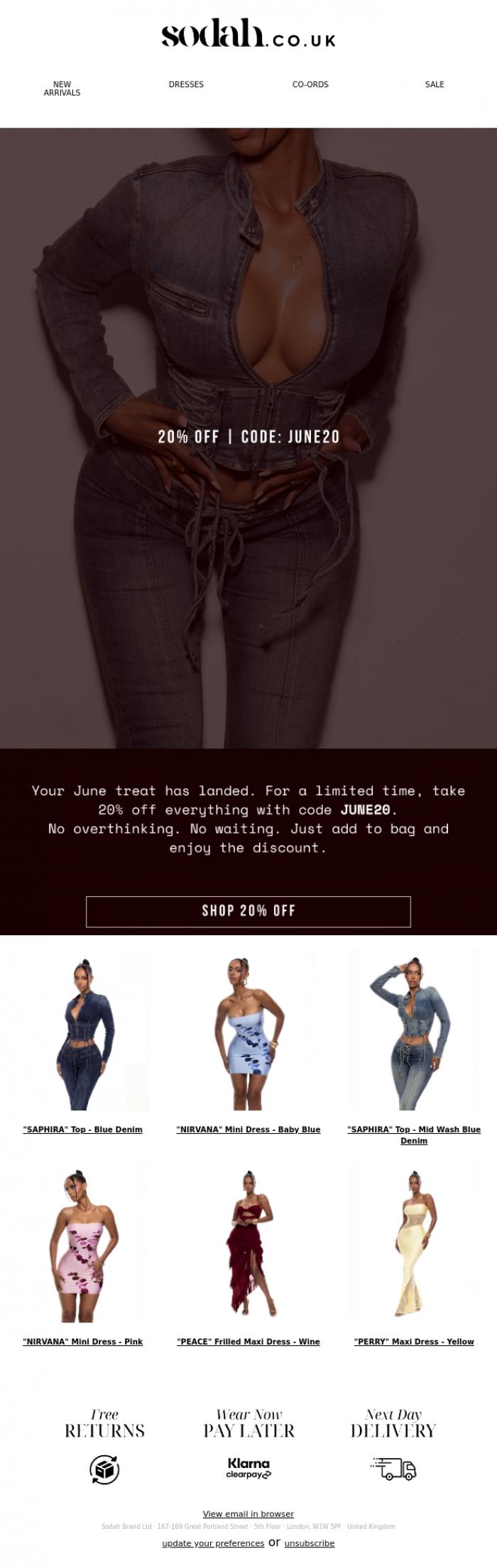 Email Design Inspiration from Sodah Brand, 20% Off, Just Because
