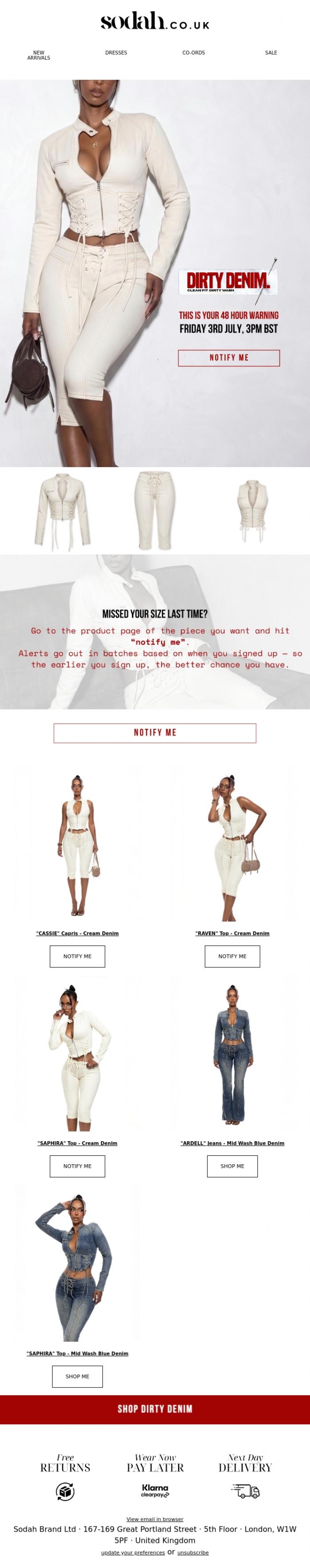 Email Design Inspiration from Sodah Brand, Dirty Denim Restocks Friday 🚨48 HOURS TO GO!