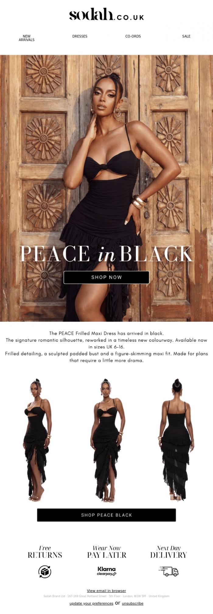 Email Design Inspiration from Sodah Brand, PEACE In Black Is Now Live 🖤