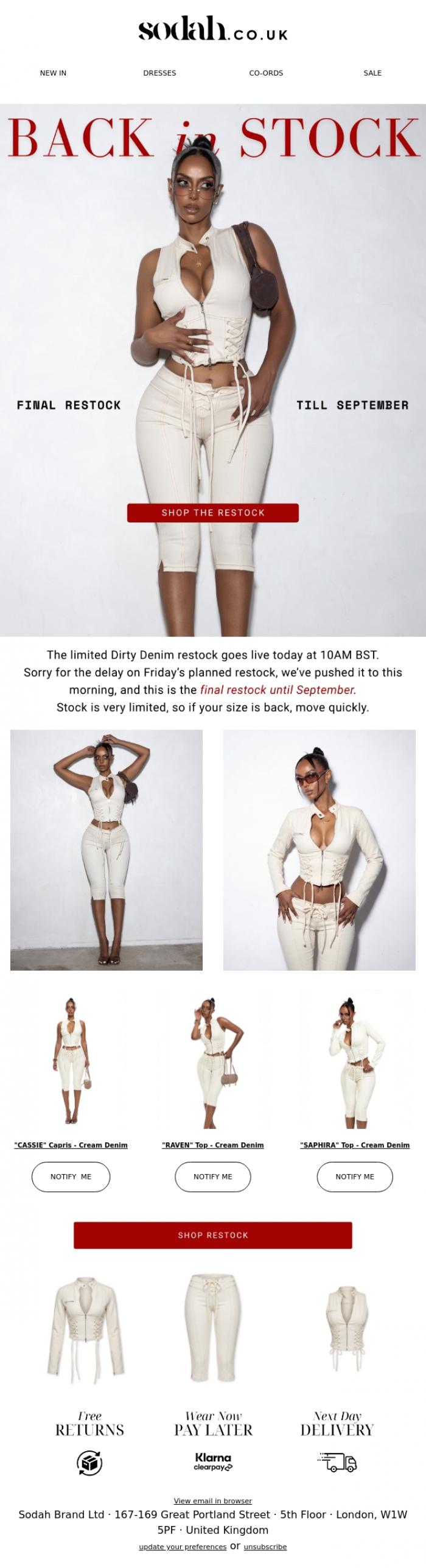 Email Design Inspiration from Sodah Brand, Cream Denim Restock | One Hour Warning!!