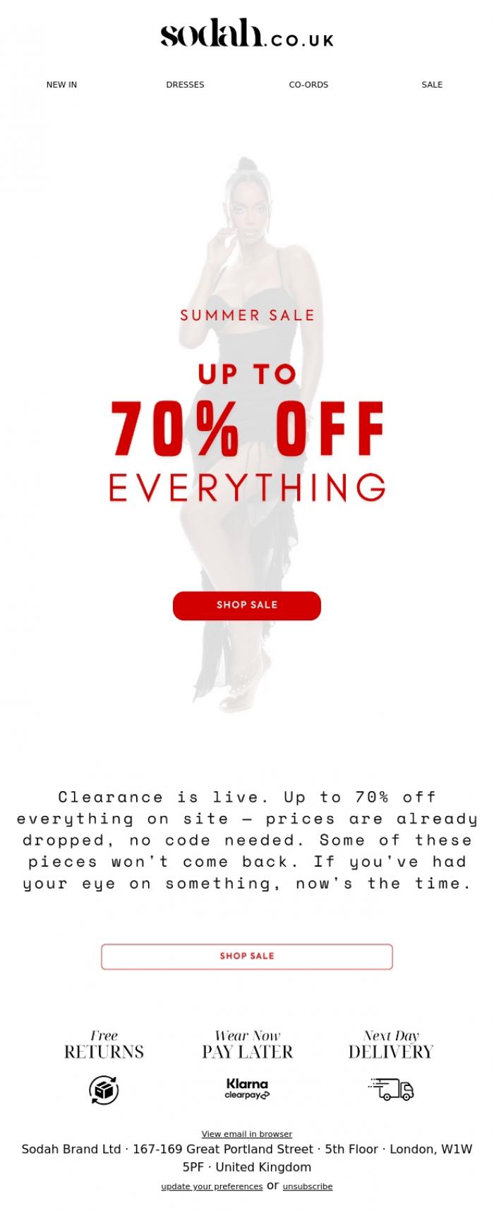 Email Design Inspiration from Sodah Brand, Up to 70% off. No code. Just shop.