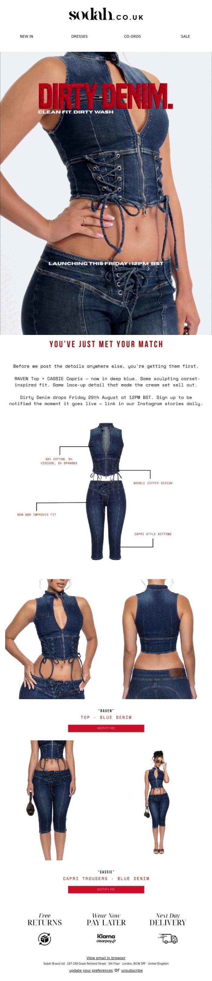Email Design Inspiration from Sodah Brand, Don't Miss It | Raven Cassie Blue Drops tomorrow 12pm BST