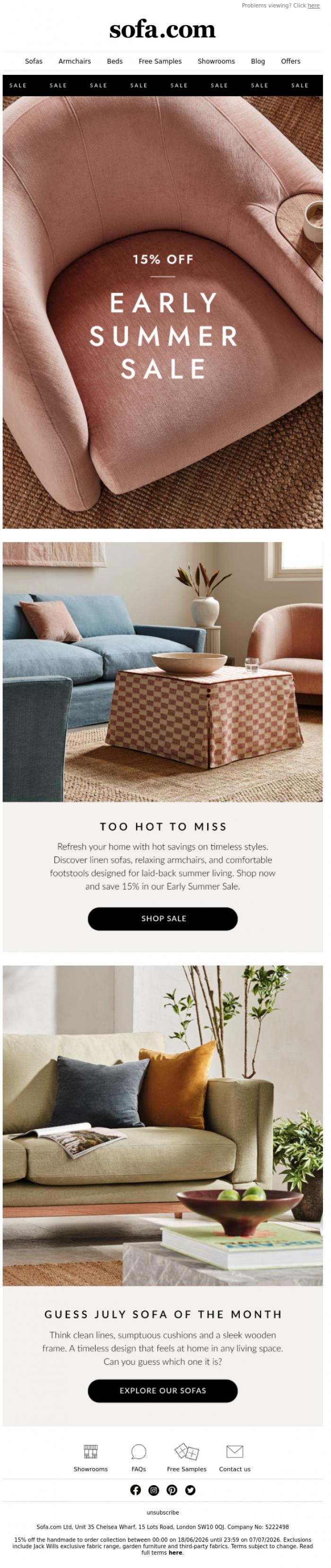 Email Design Inspiration from sofa.com, Hot Savings With 15% Off
