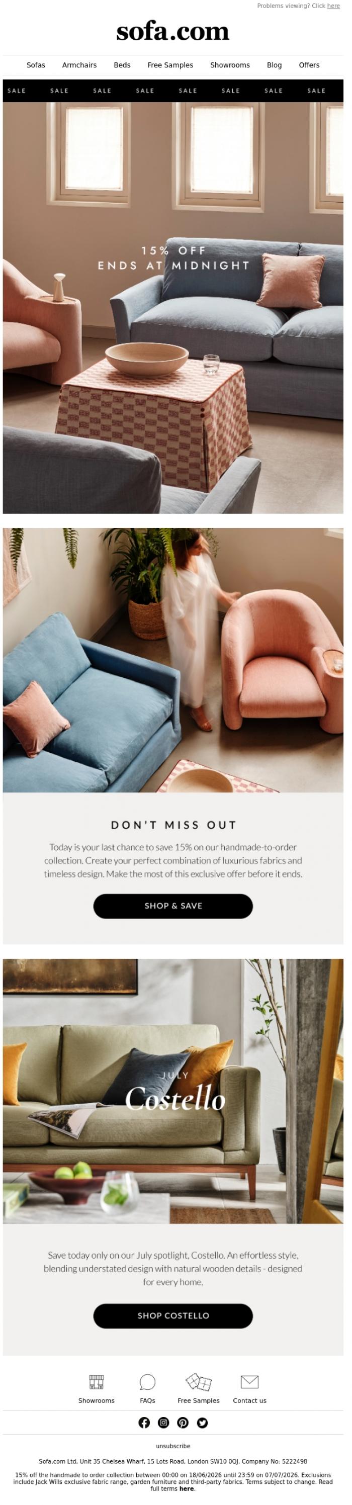 Email Design Inspiration from sofa.com, Last Day To Save 15% Off