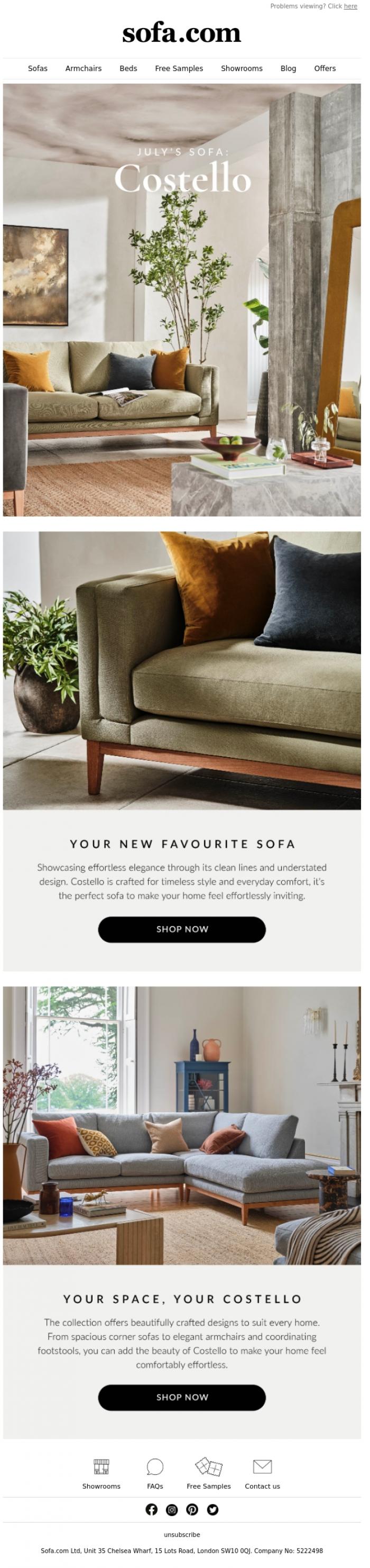 Email Design Inspiration from sofa.com, July Sofa of the Month: Costello