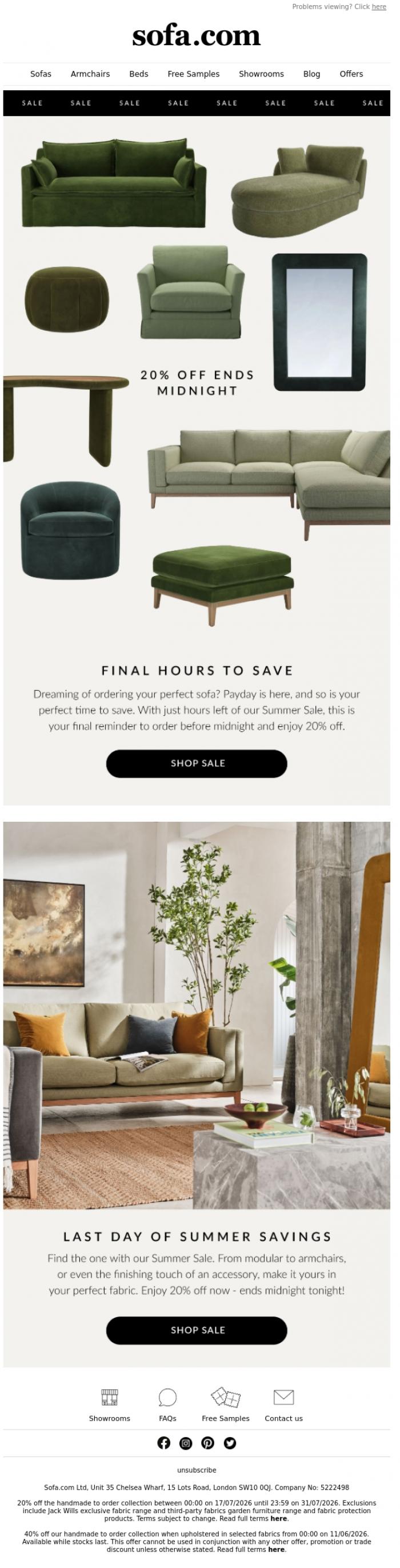 Email Design Inspiration from sofa.com, Final Call: 20% Off Summer Sale