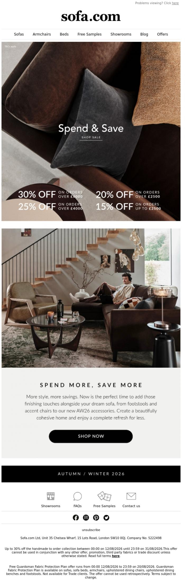 Email Design Inspiration from sofa.com, Spend & Save Is Back!
