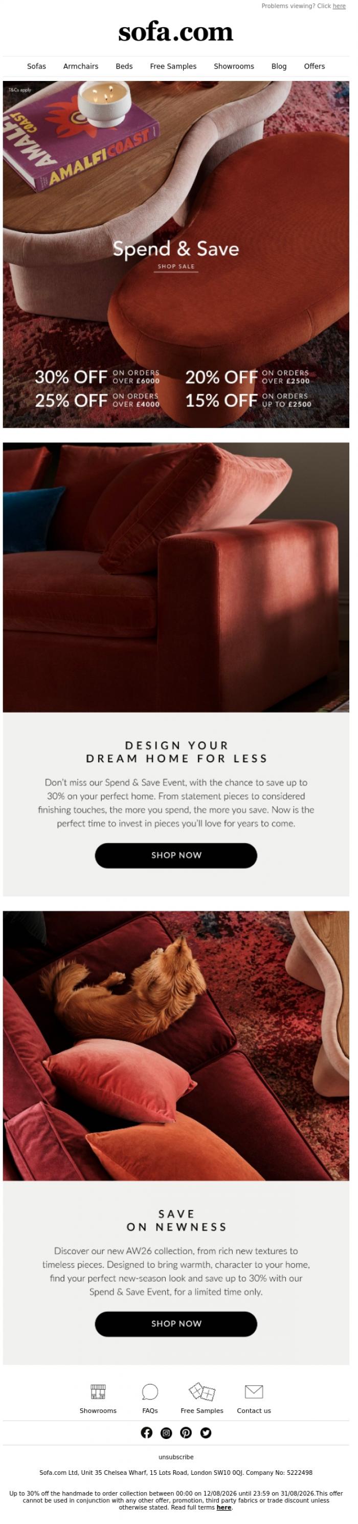 Email Design Inspiration from sofa.com, Big Savings: Up to 30% Off