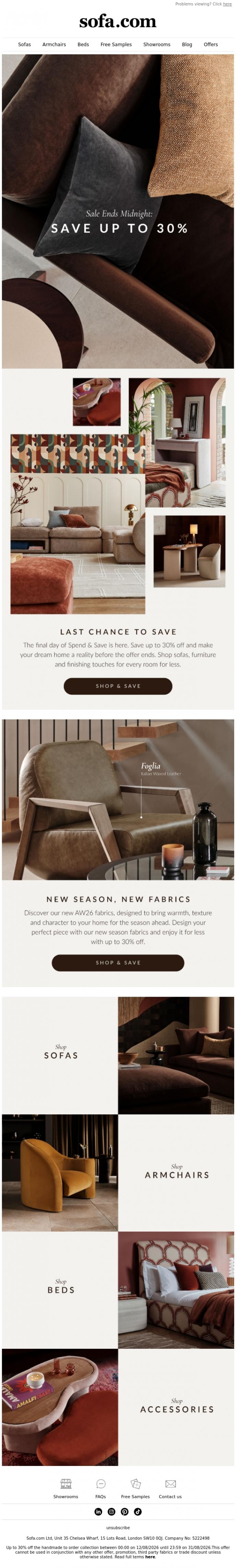 Email Design Inspiration from sofa.com, Ends Today: Save Up To 30% Off