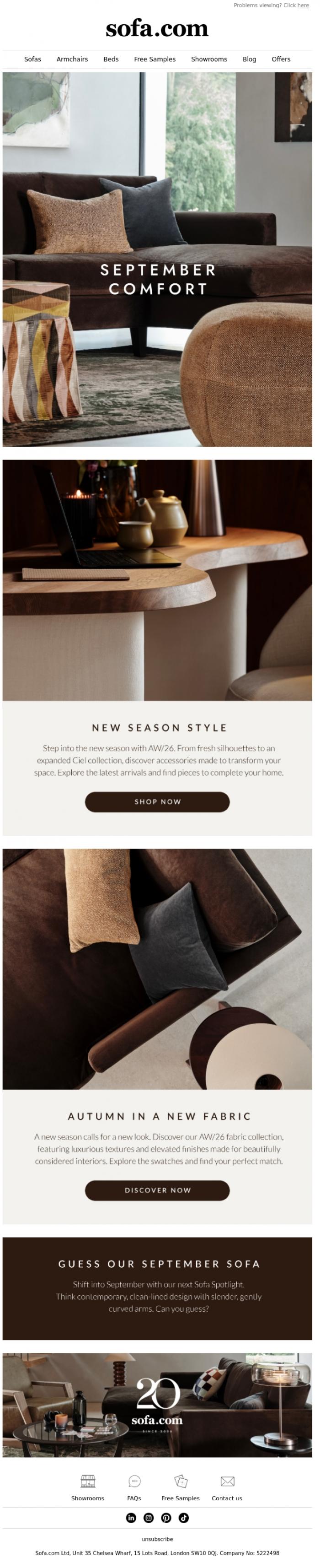 Email Design Inspiration from sofa.com, September, Discover New Season Comfort