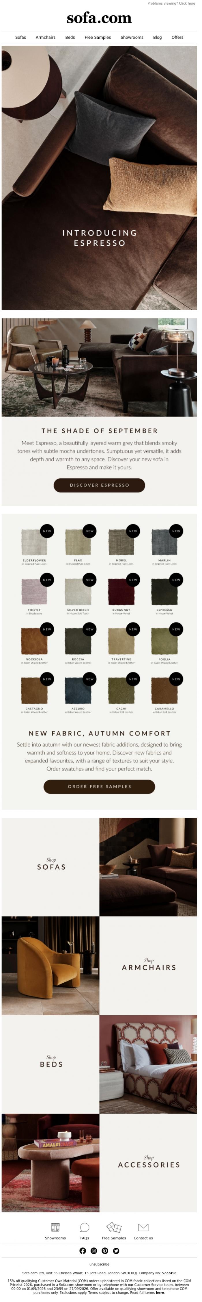 Email Design Inspiration from sofa.com, Meet Espresso, Our New Fabric