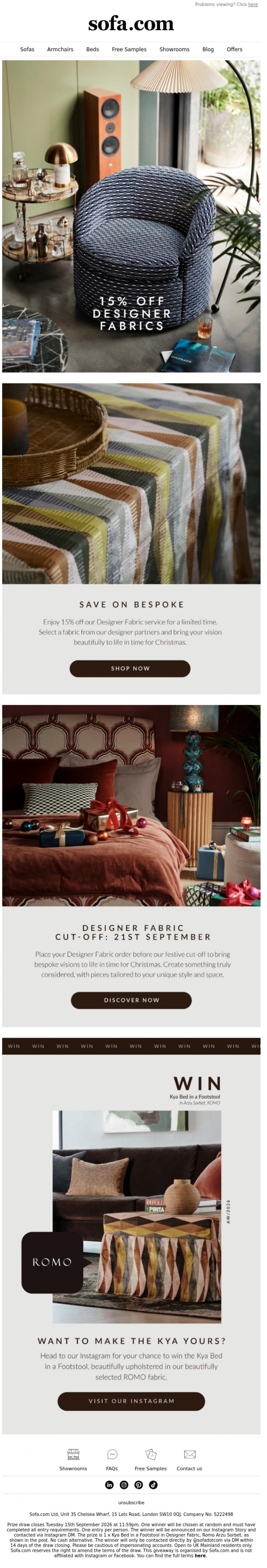 Email Design Inspiration from sofa.com, 15% Off Designer Fabrics For Christmas
