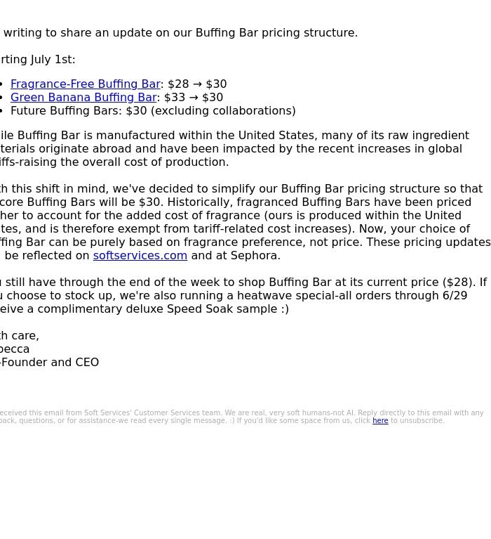 Email Design Inspiration from Soft Services, A pricing update on Buffing Bar.