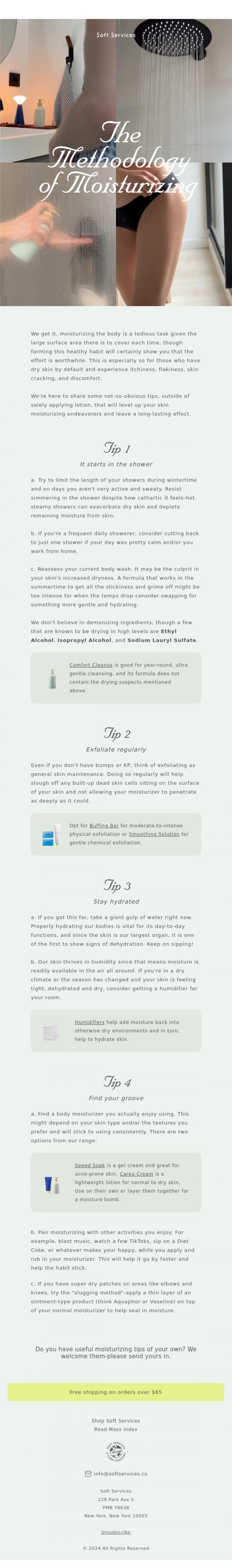 Email Design Inspiration from Soft Services, Not-so-obvious tips on moisturizing effectively.
