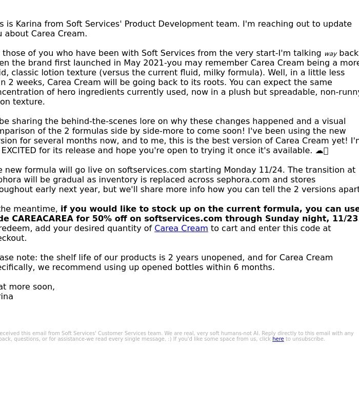 Email Design Inspiration from Soft Services, A formula update on Carea Cream.