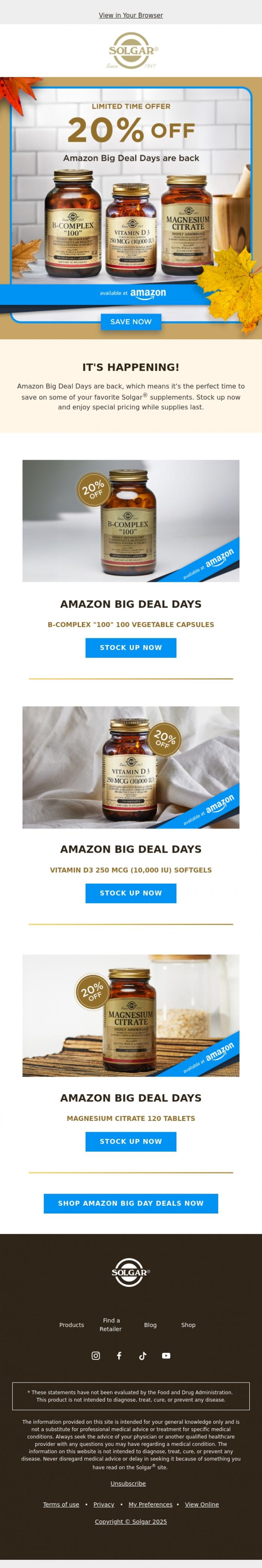 Email Design Inspiration from Solgar, Quick - only one day left of Amazon Big Deal Days!