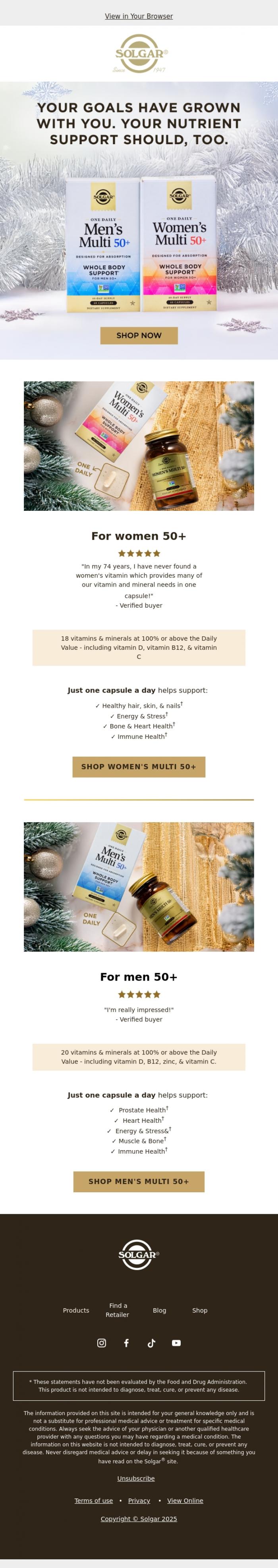 Email Design Inspiration from Solgar, Over 50? This is THE multivitamin for you 💛