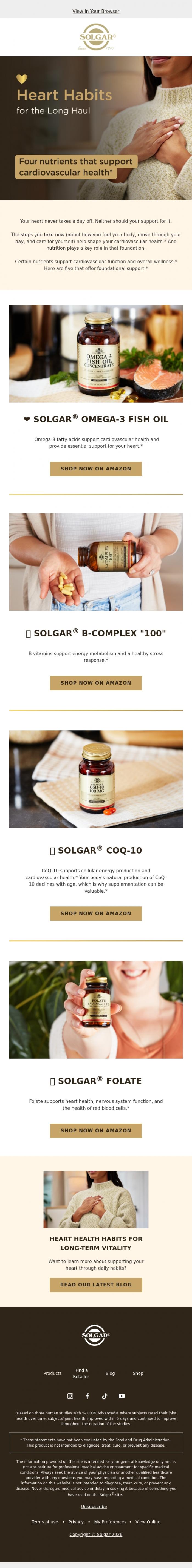 Email Design Inspiration from Solgar, 100,000 beats a day. Here's how to support your heart health.