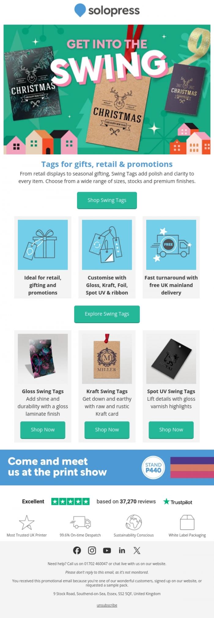 Email Design Inspiration from Solopress, Lift your gifts with seasonal Swing Tags