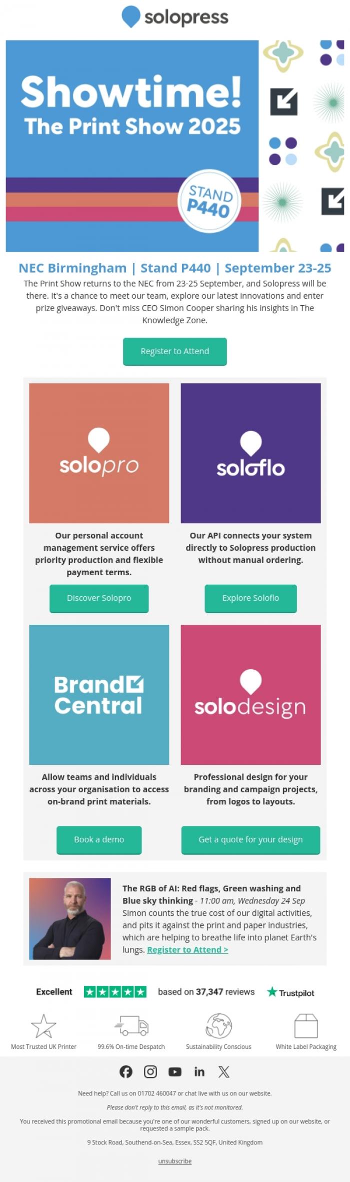 Email Design Inspiration from Solopress, Join Solopress at the Print Show, 23-25 Sept