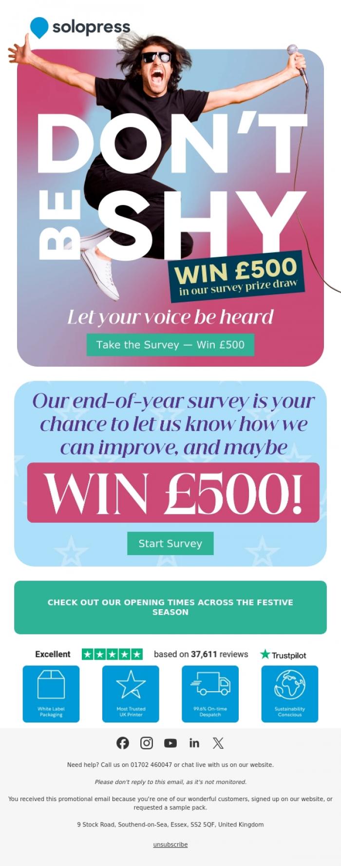 Email Design Inspiration from Solopress, Your opinion = chance to win &pound;500
