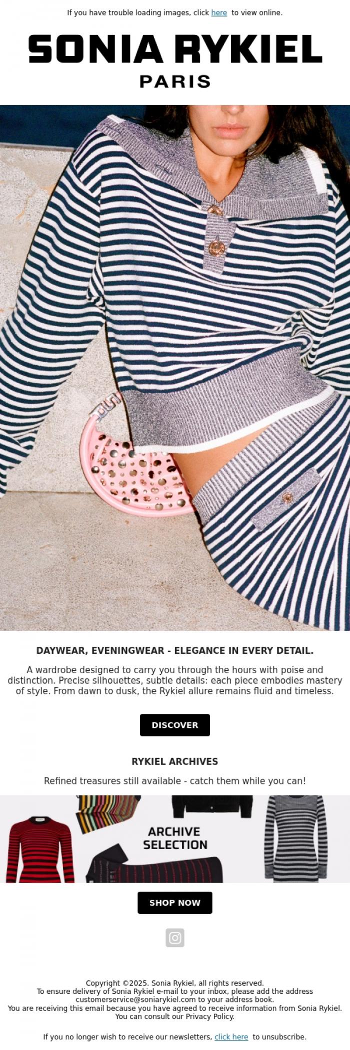 Email Design Inspiration from Sonia Rykiel, A timeless wardrobe, from morning to evening.