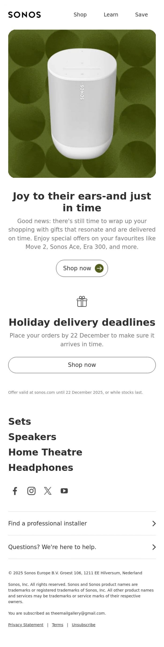 Email Design Inspiration from Sonos, Get last-minute holiday gifts