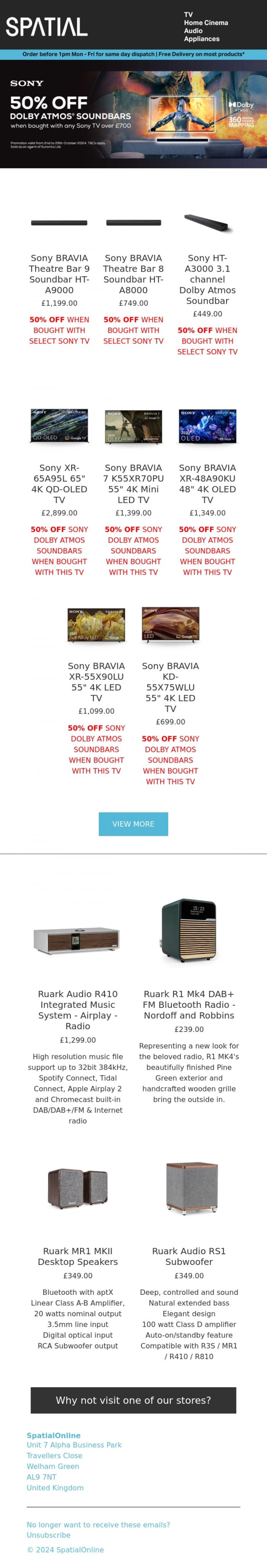 Email Design Inspiration from SpatialOnline, 50% OFF Sony Dolby Atmos Soundbars with Select TVs