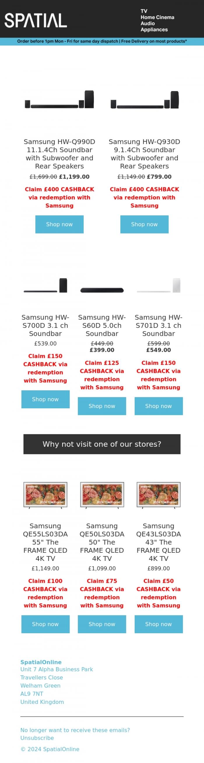 Email Design Inspiration from SpatialOnline, Claim up to &pound;400 cashback on Samsung soundbars!