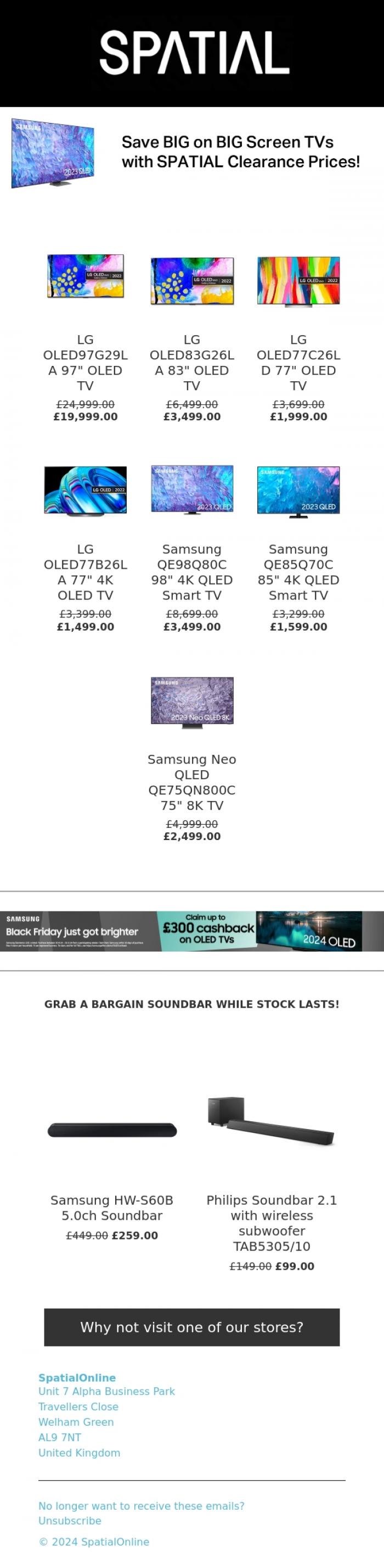 Email Design Inspiration from SpatialOnline, CLEARANCE - Big Savings on Big Screen TVs