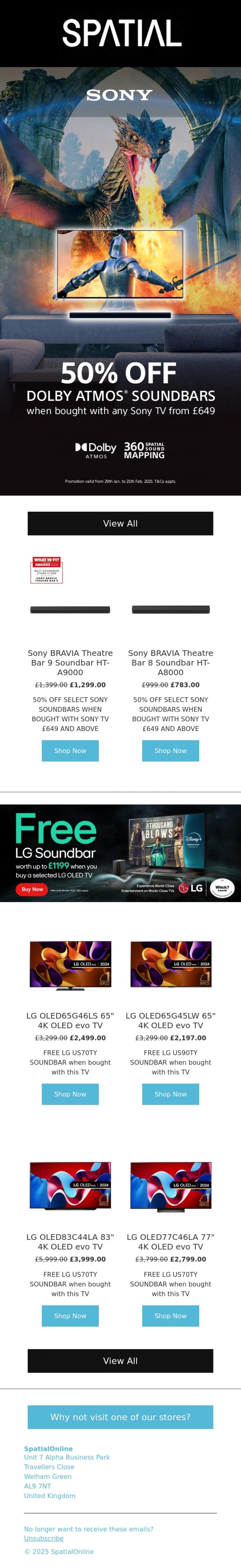 Email Design Inspiration from SpatialOnline, 50% OFF SELECT SONY SOUNDBARS WHEN BOUGHT WITH SONY TV &pound;649 AND ABOVE