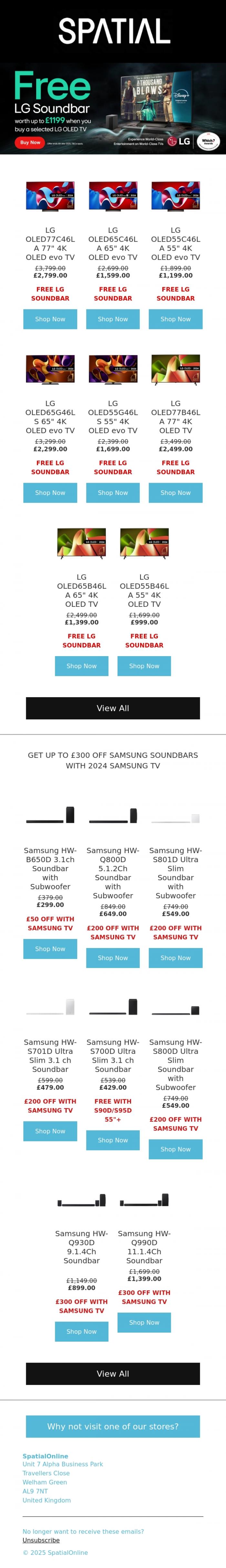 Email Design Inspiration from SpatialOnline, FREE LG SOUNDBAR WITH SELECT LG OLED TV