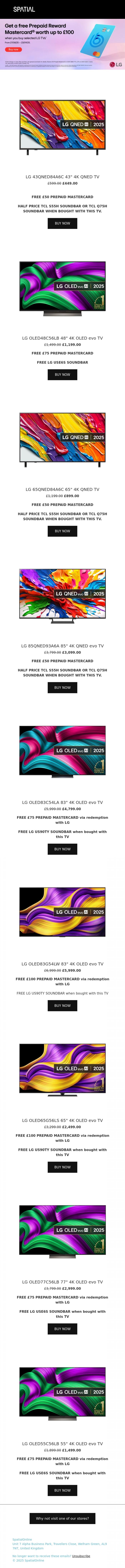 Email Design Inspiration from SpatialOnline, GET A FREE PREPAID REWARD MASTERCARD WITH SELECT LG TV