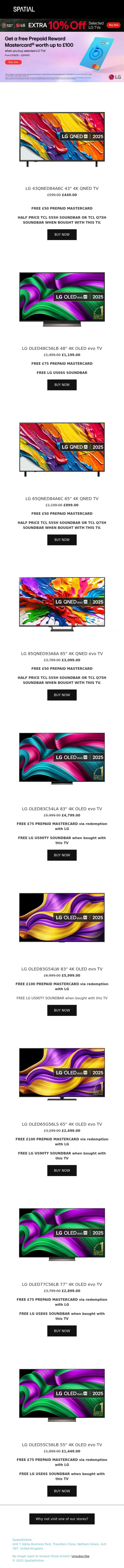 Email Design Inspiration from SpatialOnline, SAVE AN EXTRA 10% PLUS FREE PREPAID REWARD MASTERCARD WITH SELECT LG TV