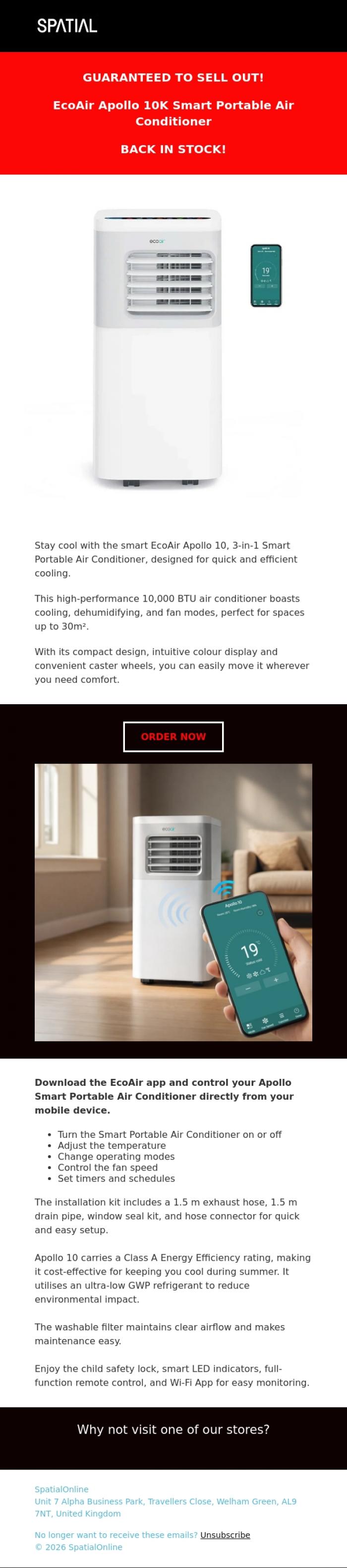Email Design Inspiration from SpatialOnline, Air Con - EcoAir Apollo 10K Smart Portable Air Conditioner Back in Stock