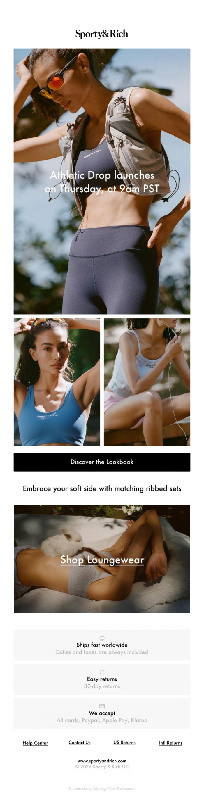 Email Design Inspiration from Sporty & Rich, Coming Soon: Athletic Drop
