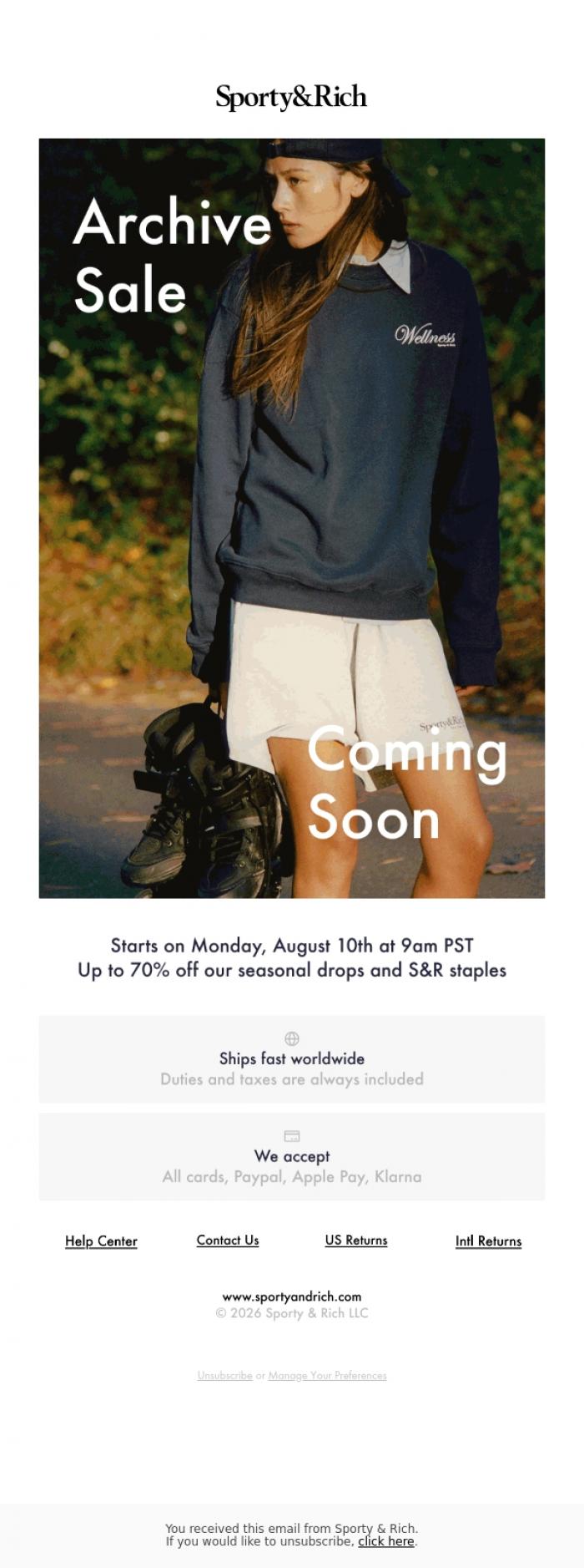 Email Design Inspiration from Sporty & Rich, The Archive Sale is coming