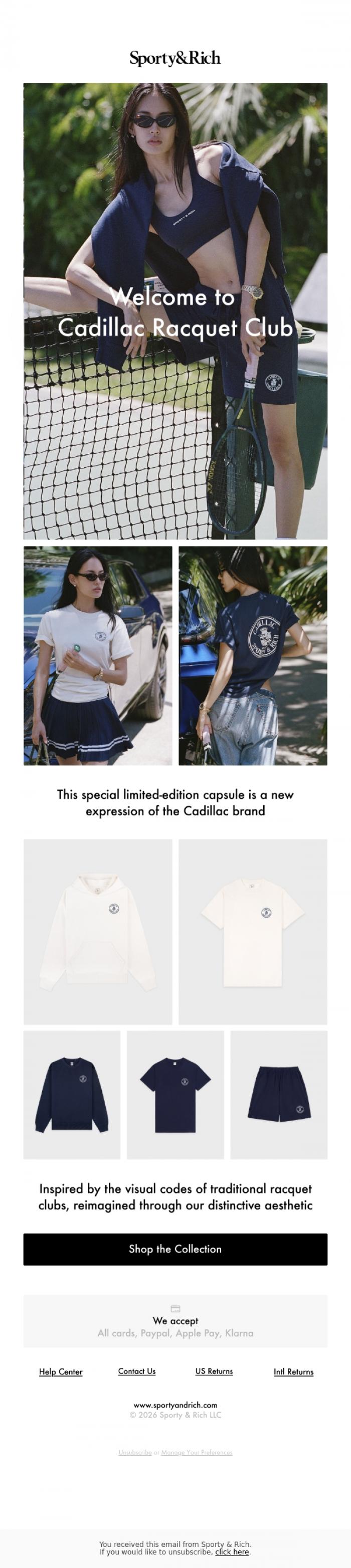 Email Design Inspiration from Sporty & Rich, S&R x Cadillac Racquet Club