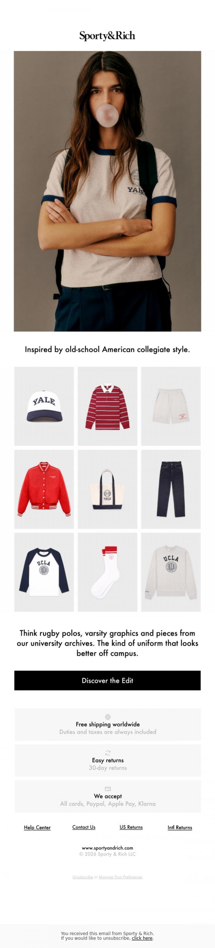 Email Design Inspiration from Sporty & Rich, Campus Classics