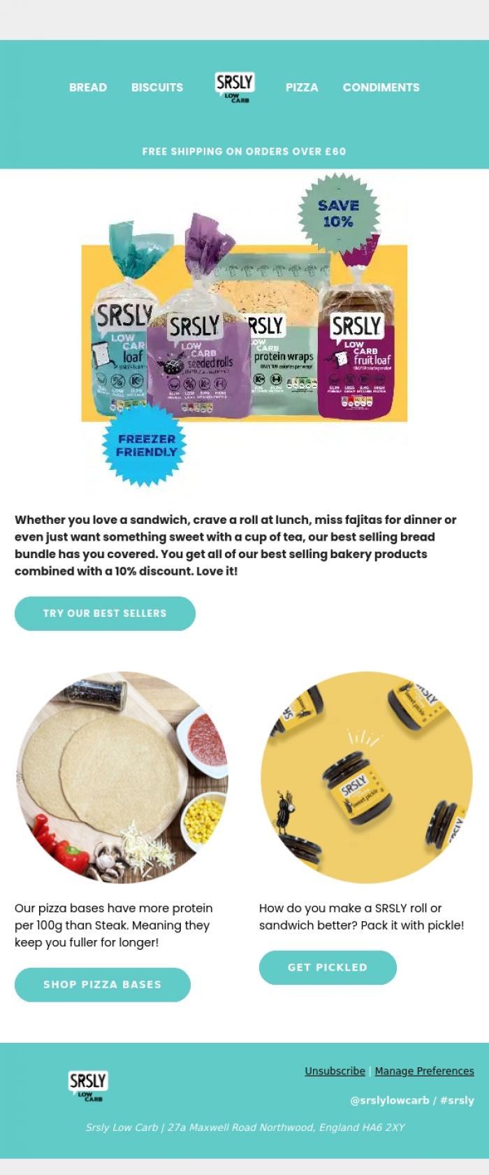 Email Design Inspiration from SRSLY Low Carb, Celebrate with 10% Off Our Bestsellers! 🥪🌯🍔