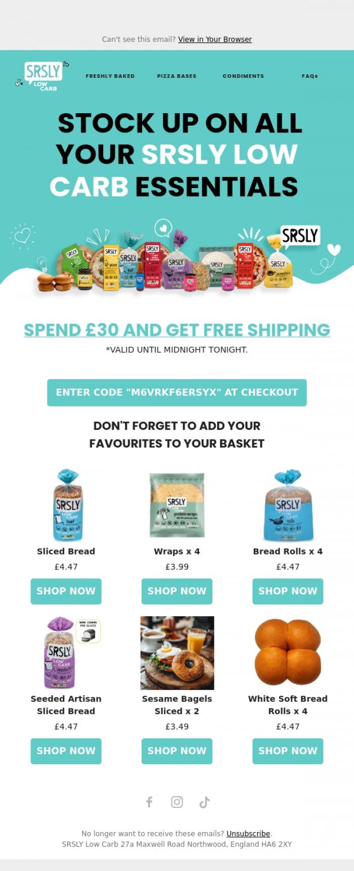 Email Design Inspiration from SRSLY Low Carb, FREE SHIPPING ON ORDERS OVER &pound;30 😍