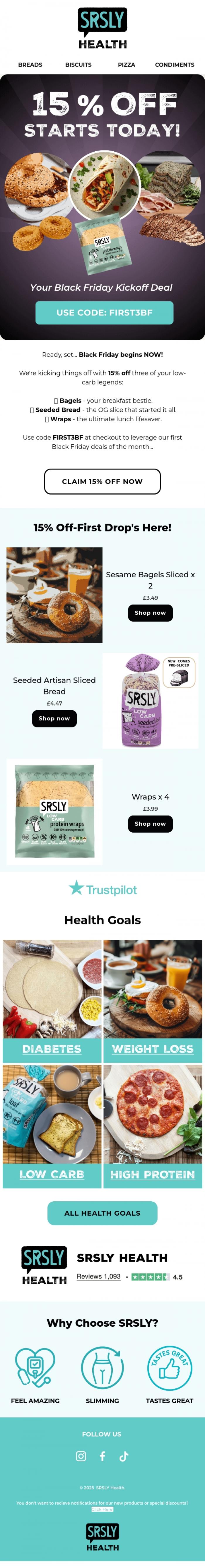 Email Design Inspiration from SRSLY Low Carb, Black Friday Starts NOW! 🖤