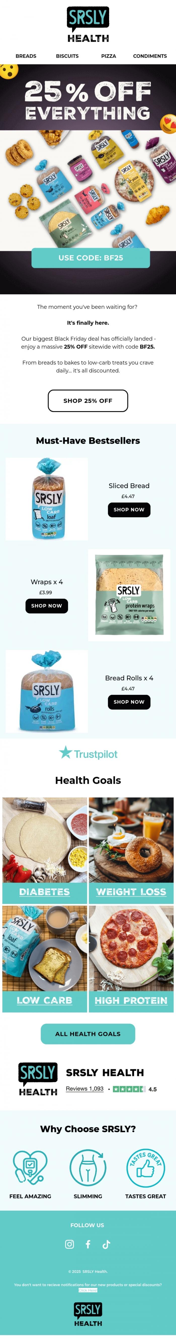 Email Design Inspiration from SRSLY Low Carb, 25% Off Starts NOW