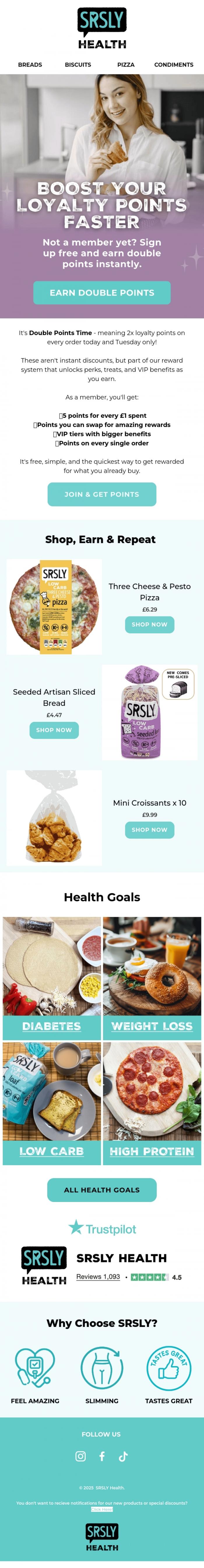 Email Design Inspiration from SRSLY Low Carb, Score Big with Double Points! 🎉