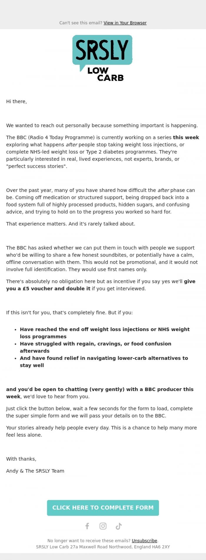 Email Design Inspiration from SRSLY Low Carb, SRSLY and BBC Radio 4