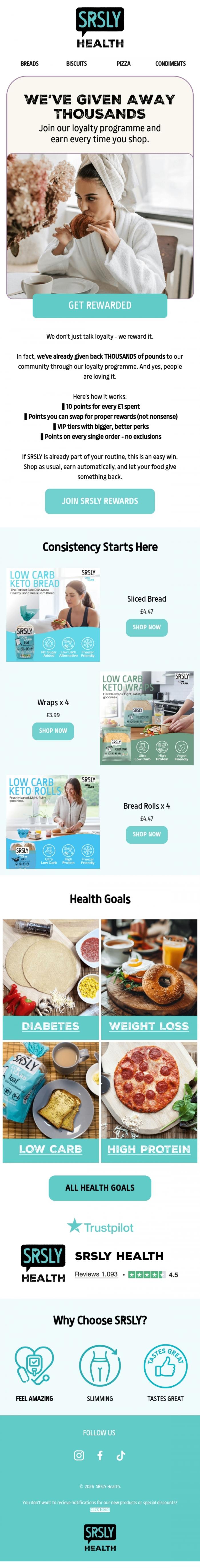 Email Design Inspiration from SRSLY Low Carb, Free Money for Eating Better